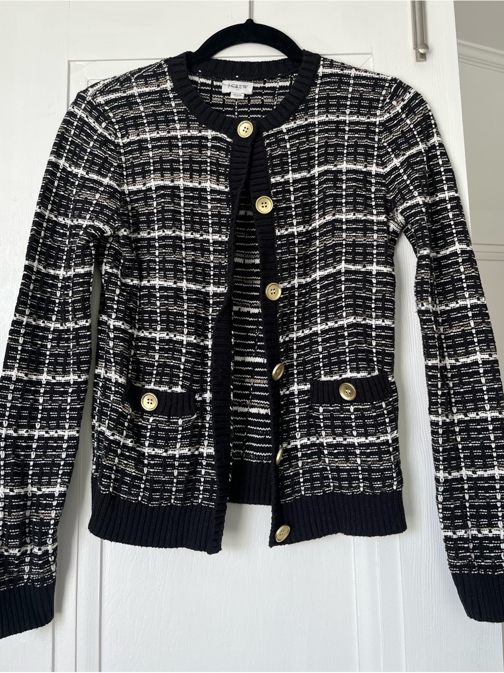 J. Crew Black & White Tweed Cardigan with Gold Buttons